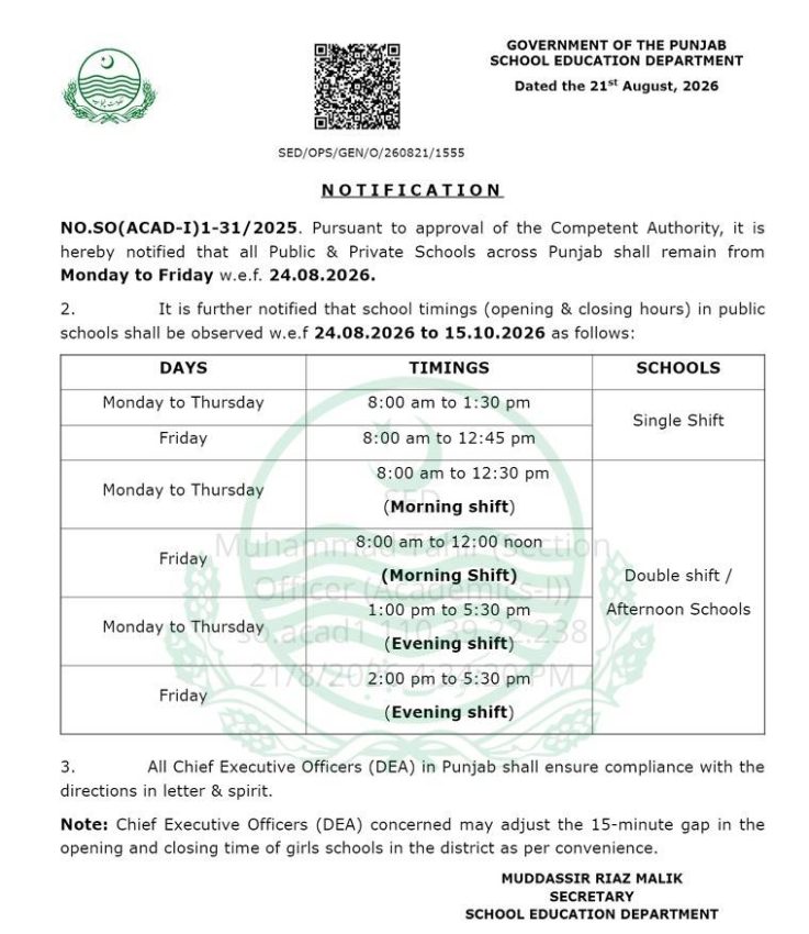 پنجاب میں اسکولوں کے نئے اوقات کار کا اعلان، 24 اگست 2026 سے نافذ العمل