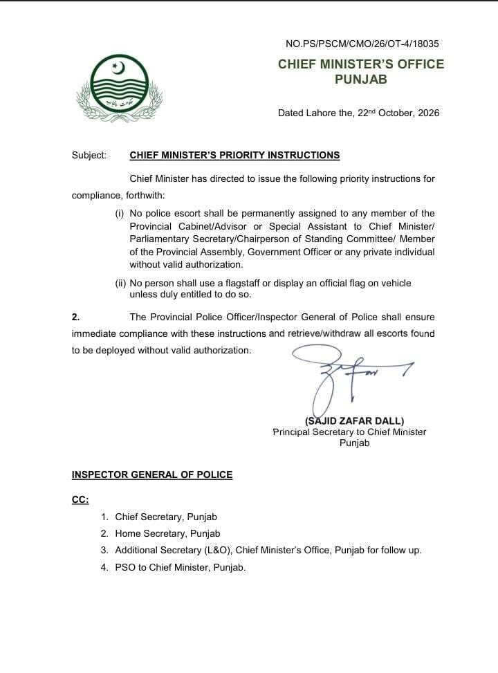 پنجاب: اعلیٰ حکام کے غیر مجاز مستقل پروٹوکول پر پابندی